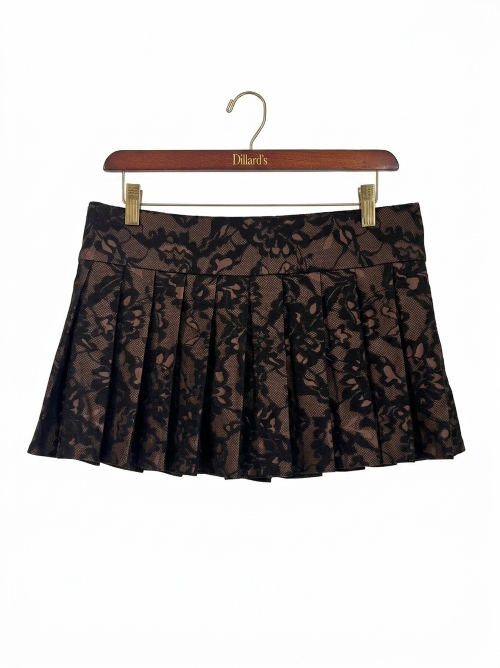 NWT AKIRA Kikiriki Black Brown Floral Lace Pleated Mini Skirt Sz Medium Y2K Goth